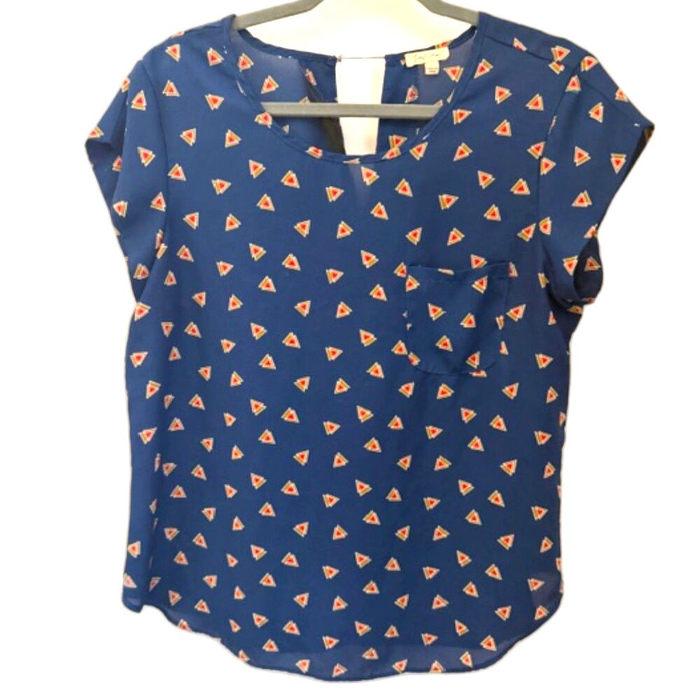 Fifty Notch Blue Geometric Print Blouse Size M Short Sleeve Pocket Top
